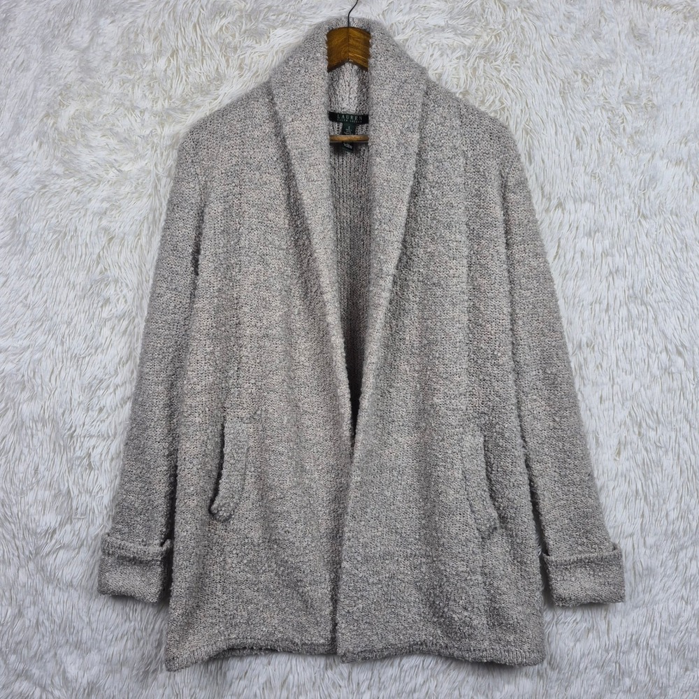 Lauren Ralph Lauren Grey Boucle Wool Blend Shawl Collar Open Cardigan Sweater S